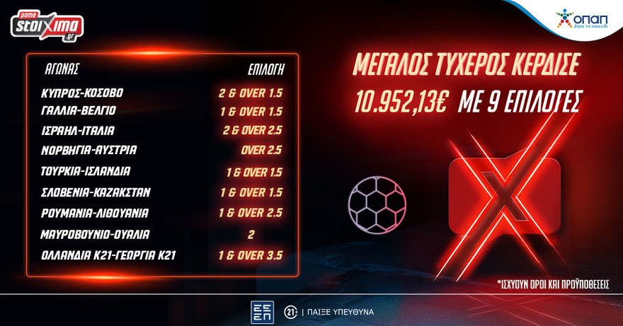 Μεγάλη νίκη στο στοίχημα: Με €19 κέρδισε €10.952,13! (10/09)